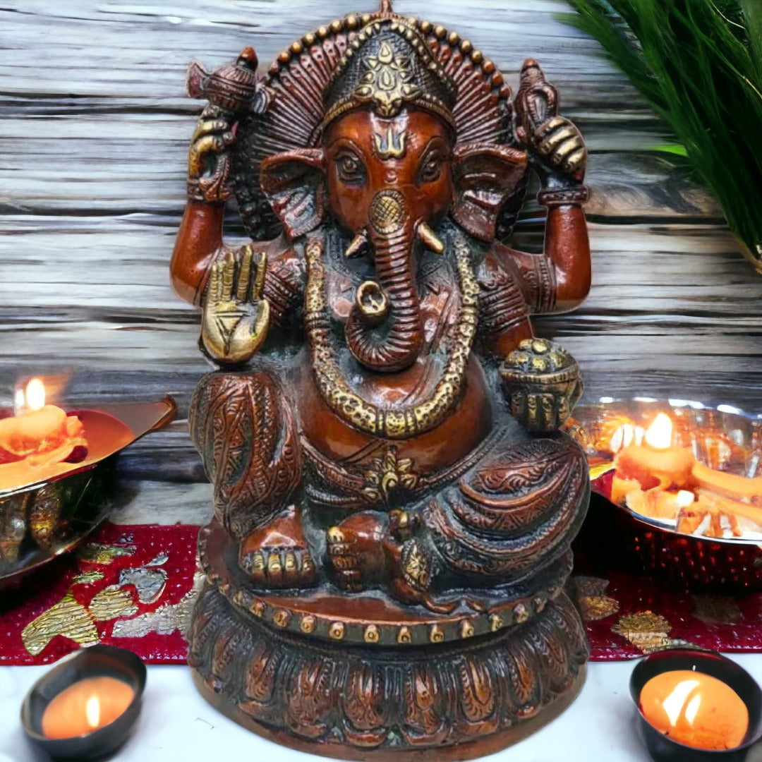 Tamas Brass Handcrafted Lord Ganesha Statue / Idol with Antique Finish (Golden & Brown) (Pack of 1) - PUSHMYCART