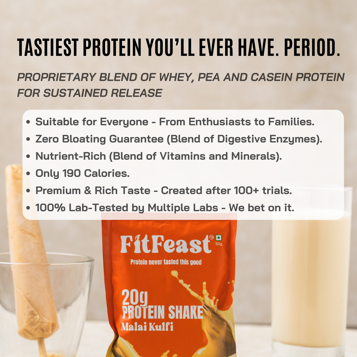 Fitfeast Assorted Protein Sachet Pack – Chocolate & Malai Kulfi | Buy 1 Get 6