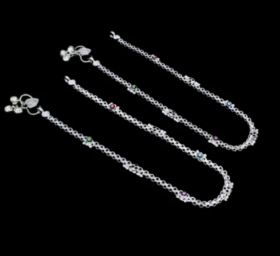 Stylish Real Siver Blue Pink CZ Anklet 