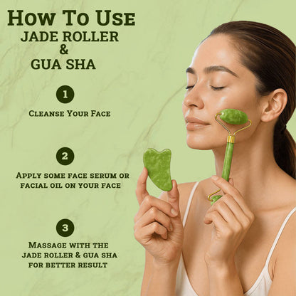 Moraze Cosmetics Jade Roller and Gua Sha set for facial massage, displayed elegantly on a clean surface. - Image 3