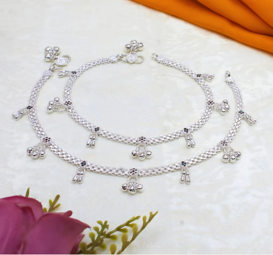 Real Silver Multi CZ Anklet Payal with Ghungroos