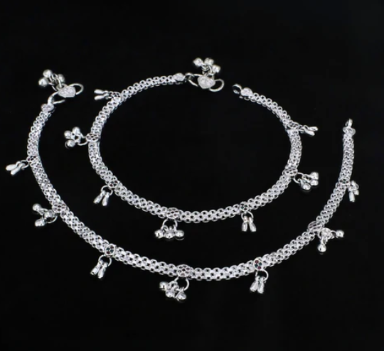 Real Silver Multi CZ Anklet Payal with Ghungroos