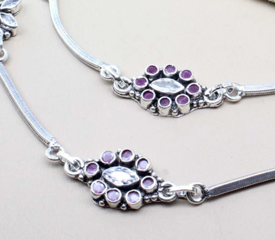 Traditional 925 Real Solid Silver CZ Oxidized Anklets Ankle