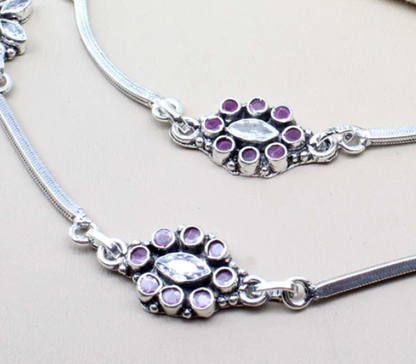 Traditional 925 Real Solid Silver CZ Oxidized Anklets Ankle