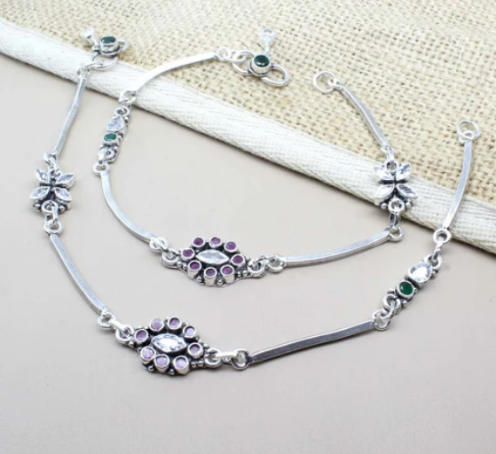 Traditional 925 Real Solid Silver CZ Oxidized Anklets Ankle