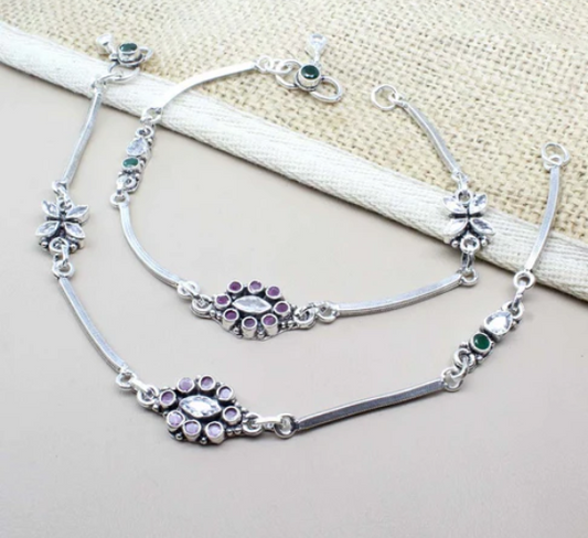 Traditional 925 Real Solid Silver CZ Oxidized Anklets Ankle