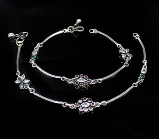 Traditional 925 Real Solid Silver CZ Oxidized Anklets Ankle