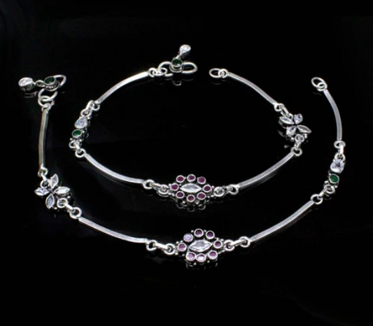 Traditional 925 Real Solid Silver CZ Oxidized Anklets Ankle
