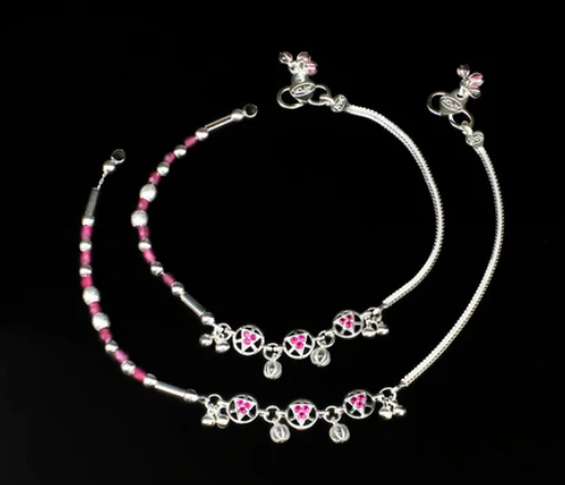 Real Silver Indian women unique trendy pink CZ Anklets Ankle Pair