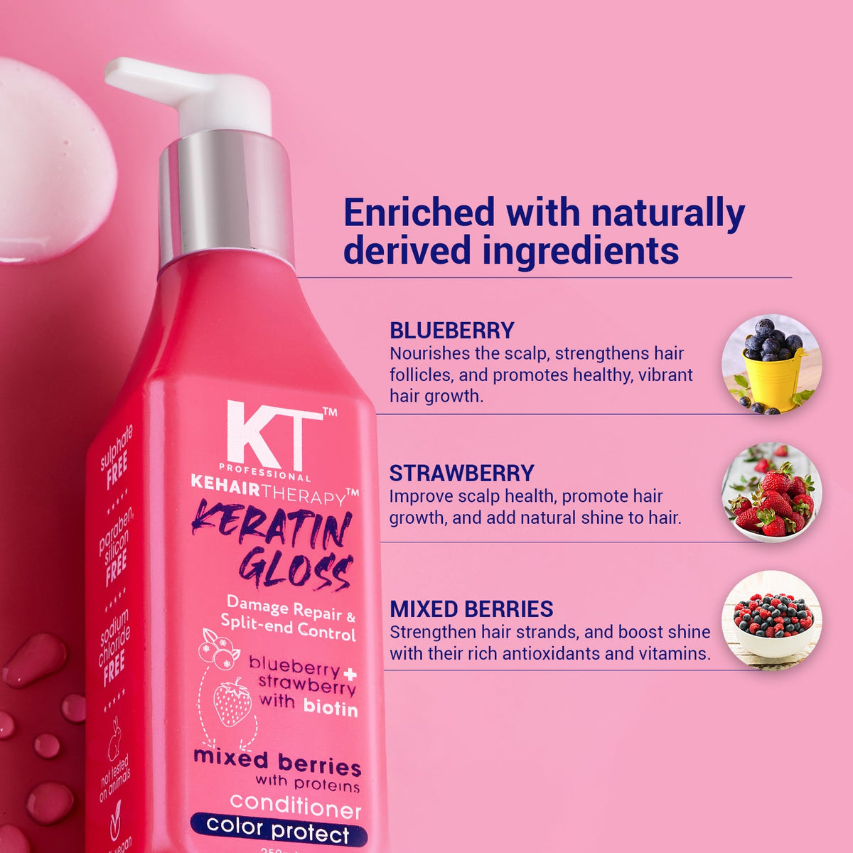 KT Professional Keratin Gloss Conditioner for damaged hair, enriched with Keratin, Blueberry, Strawberry, Biotin. - Image 4