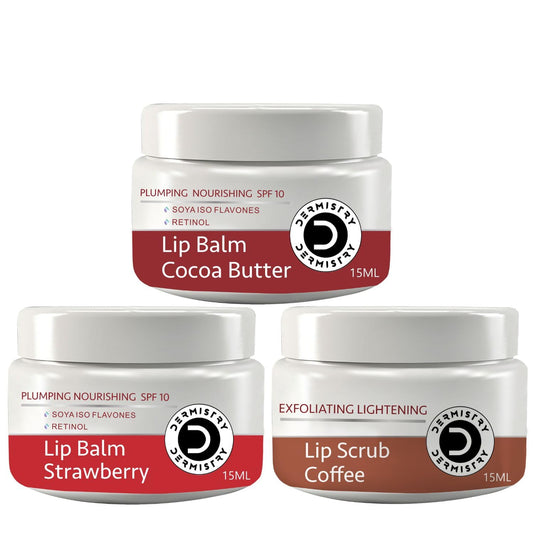 Dermistry Cocoa Butter and Strawberry Lip Balm with Coffee Lip Scrub Combo