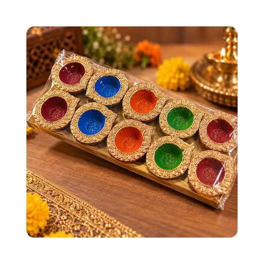 Mahita Collections Diwali Diya Set of 10 with Gold Embossed Border