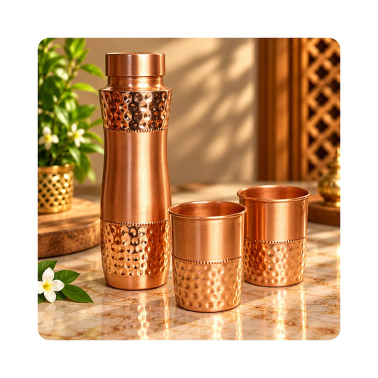 Mahita Collections Hammered Copper Water Bottle with 2 Glasses Gift Set