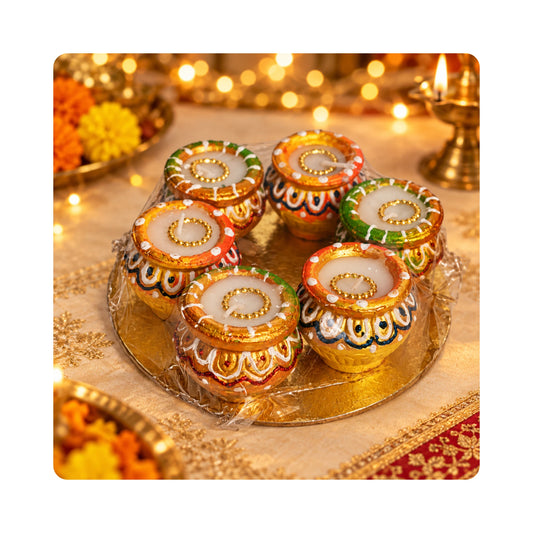 Mahita Collections Diwali Matki Wax Diya Set of 6 with Gold Base