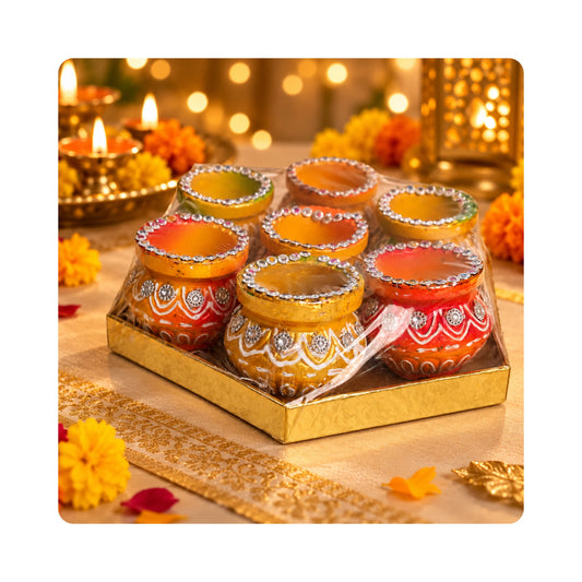 Mahita Collections Diwali Matki Diya Set of 7 with Stone Studded Rim