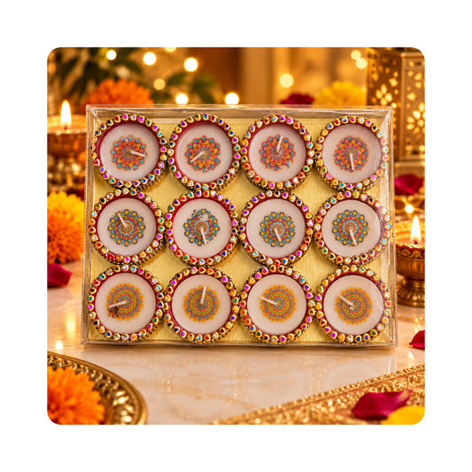 Mahita Collections Diwali Wax Diya Set of 12 with Colourful Stone Rim