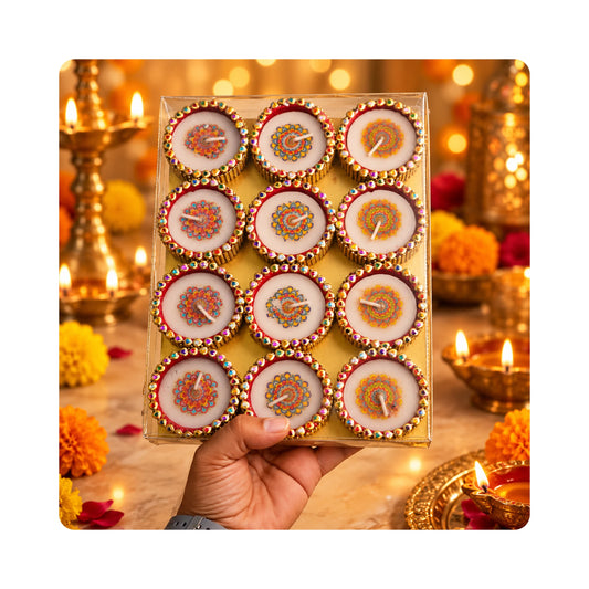 Mahita Collections Diwali Wax Diya Set of 12 with Colourful Stone Rim
