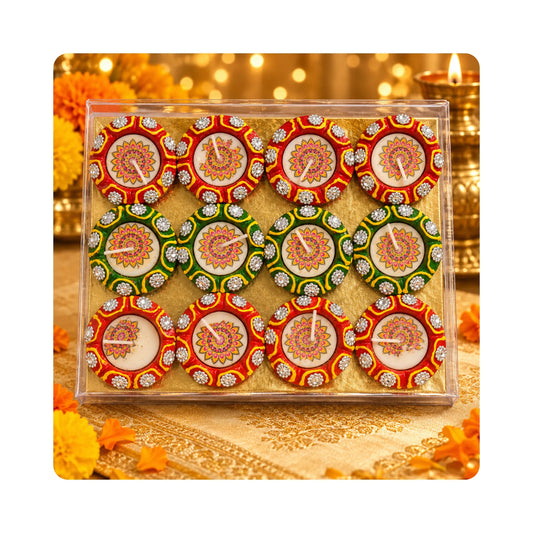 Mahita Collections Diwali Wax Diya Set of 12 Painted with Silver Studs