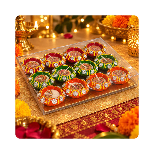 Mahita Collections Diwali Wax Diya Set of 12 Painted with Silver Studs