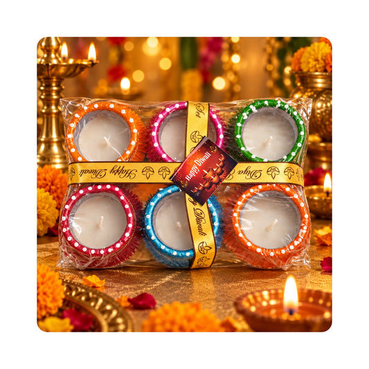 Mahita Collections Diwali Wax Diya Gift Set of 6 with Tassel Fringe