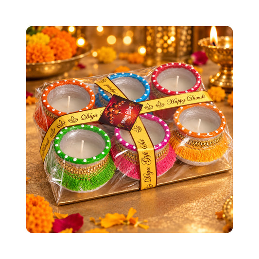 Mahita Collections Diwali Wax Diya Gift Set of 6 with Tassel Fringe