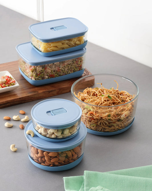 Dubblin Posh Container Blue Set of 5 Round and Rectangle Glass Containers