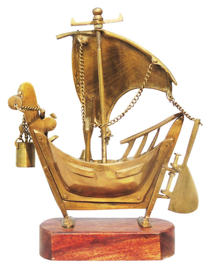 Brass Table Ship With Wooden Base 0.82kg