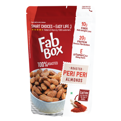 Fabbox Peri Peri Almonds family pack in a vibrant red pouch, showing spicy almonds spilling out. - Image 2