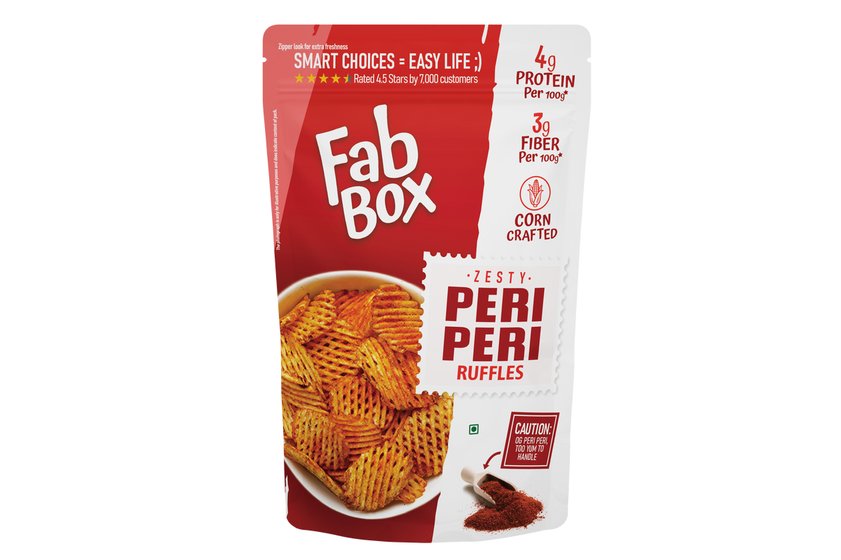 Fabbox Zesty Peri Peri Ruffles potato chips in a vibrant red packet, showing crispy ruffled texture. - Image 2