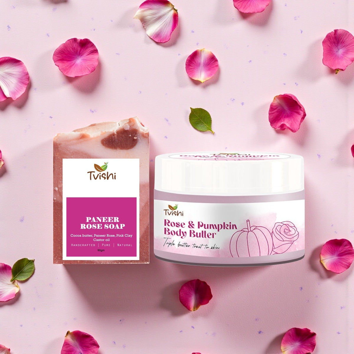 Tvishi Skincare Rose Glow Bundle featuring Rose Pumpkin Body Butter and Madurai Paneer Rose Soap.