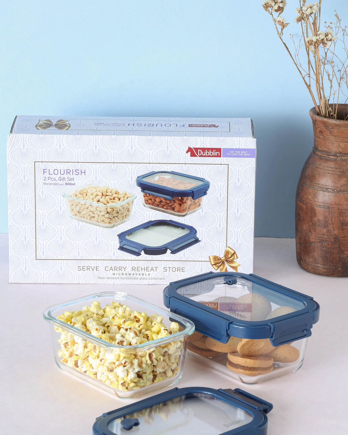 Dubblin Florish Glass Gift Set of 2 Rectangle Deep Containers 800 ml
