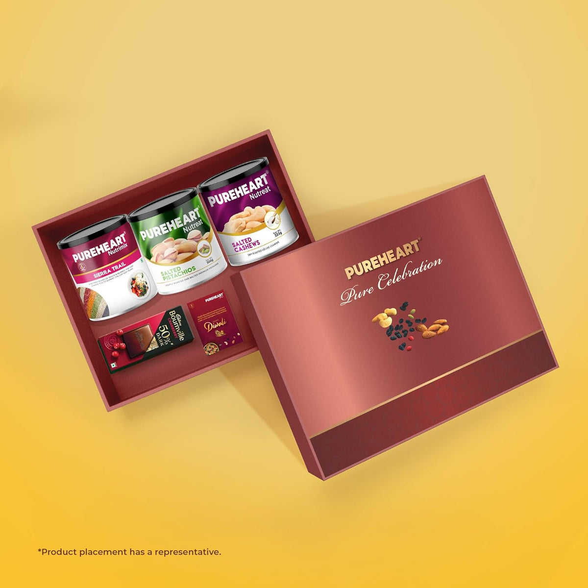PUREHEART Premium Diwali Gift Hamper | Corporate Dry Fruits Gift Box with Salted Cashews (333g)| Sierra Trail (454g)| Salted Pistachios (300g)|Chocolate|Diwali Greeting Card