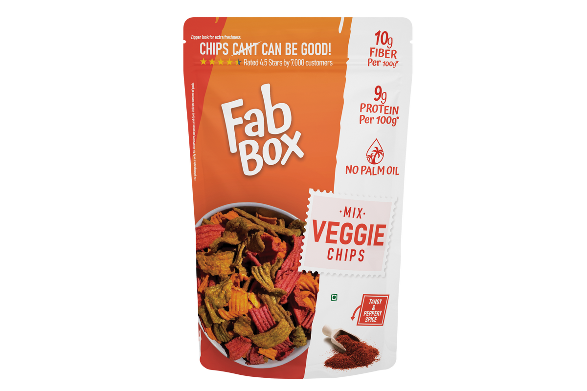 A vibrant bag of Fabbox Mix Veggie Chips displaying a colorful assortment of crispy vegetable slices. - Image 2