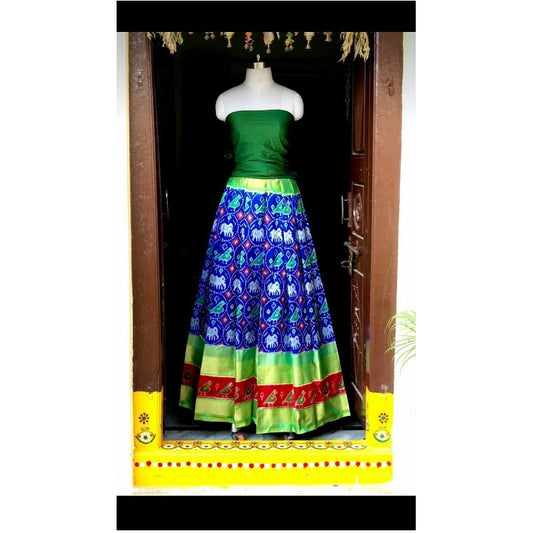Pochampally Ikkat Dark Blue Lehenga With Green Border