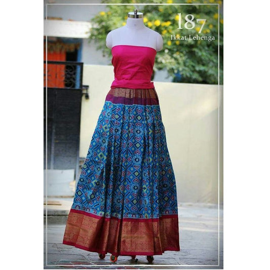 Pochampally Ikkat Sky Blue Lehenga With Blue Border