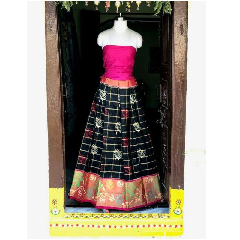 Pochampally Ikkat Black With Pink Border Lehenga