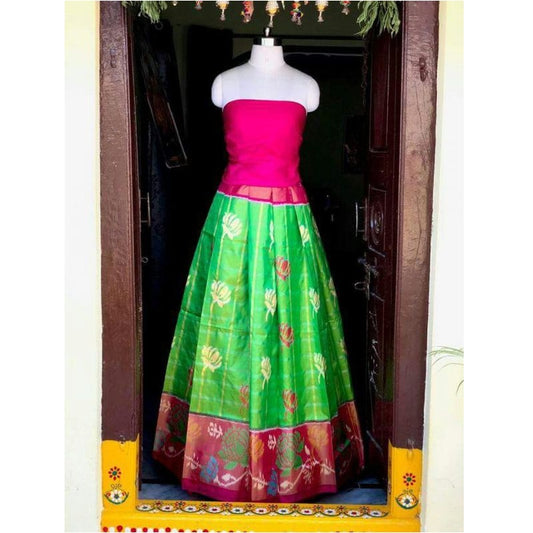 Pochampally Ikkat Parrot Green With Pink Border Lehenga