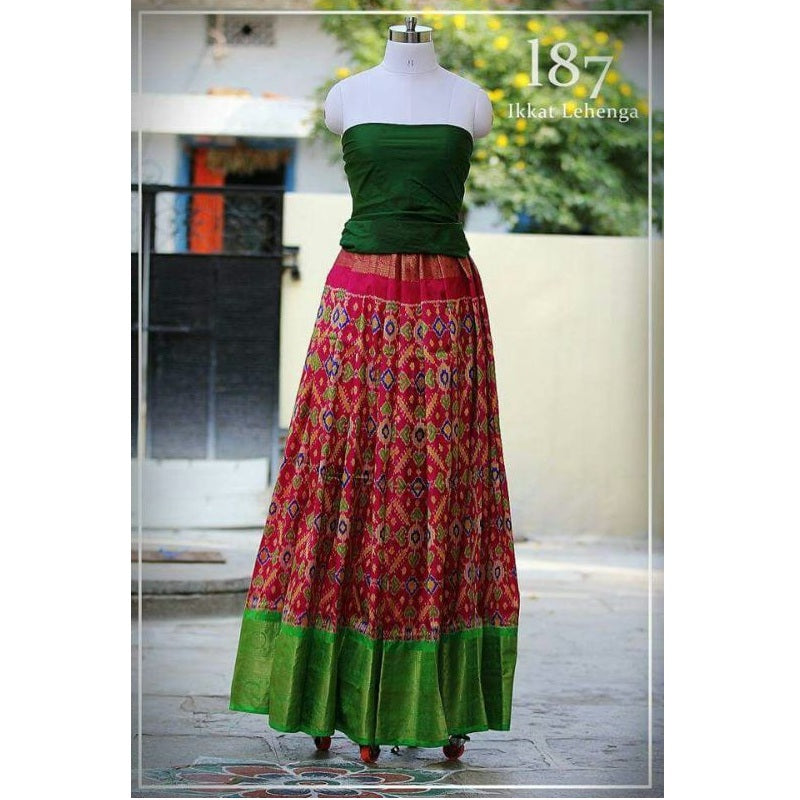 Pochampally Ikkat Red Lehenga With Dark Green Border