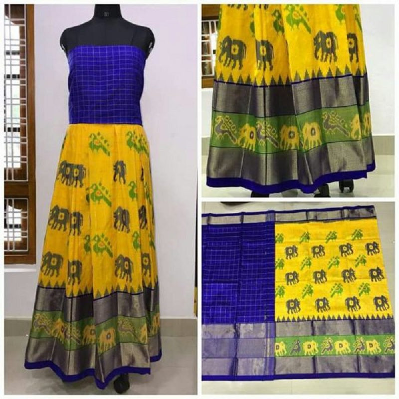 Pochampally Ikkat Yellow Lehenga With Blue Border