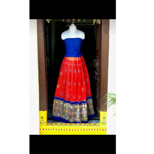 Pochampally Ikkat Red Lehenga With Blue Border