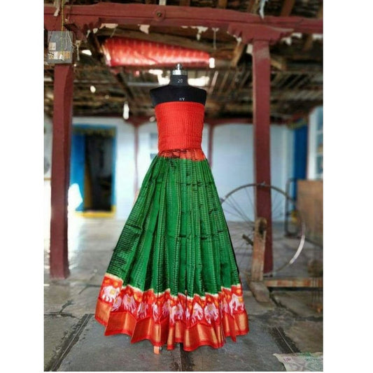 Pochampally Ikkat Dark Green Lehenga With Red Border