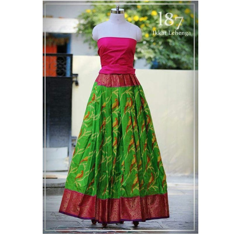 Pochampally Ikkat Parrot Lehenga With Pink Border