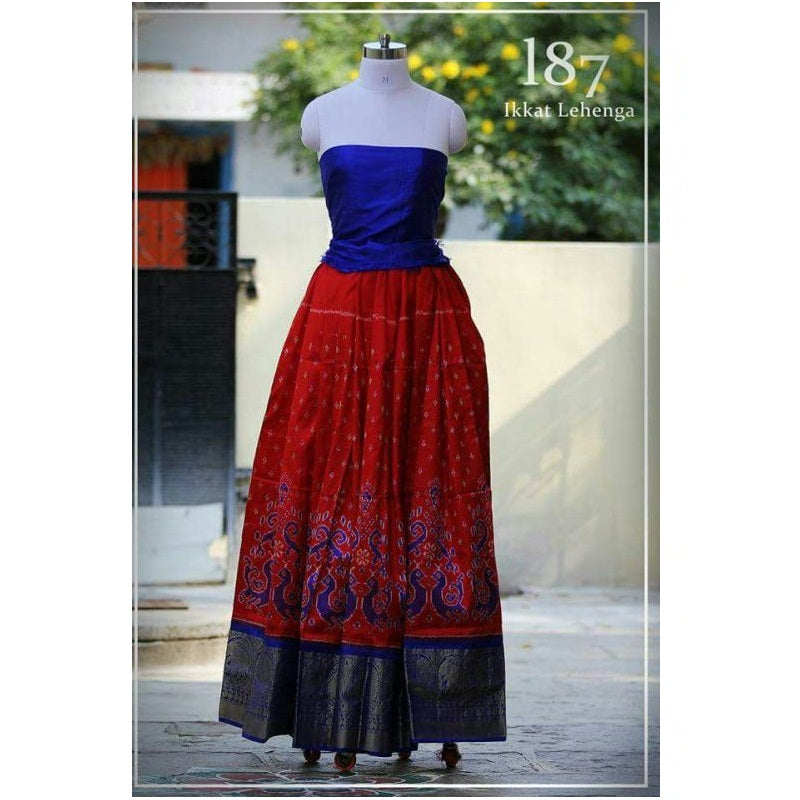 Pochampally Ikkat Red Lehenga With Dark Blue Border