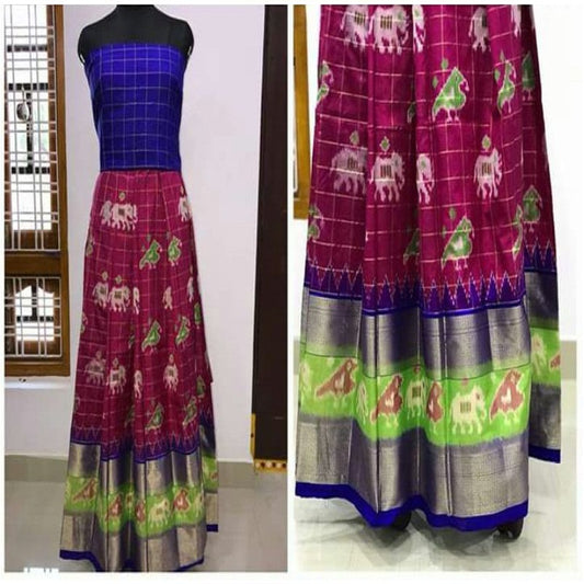 Pochampally Ikkat Rani Pink Lehenga With Blue Border