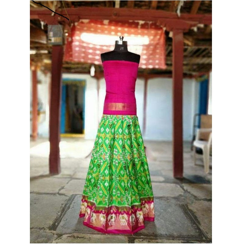 Pochampally Ikkatt Green With Pink Border Lehenga
