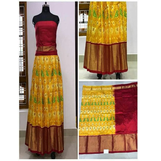 Pochampally Ikkat Yellow Lehenga With Maroon Color Border