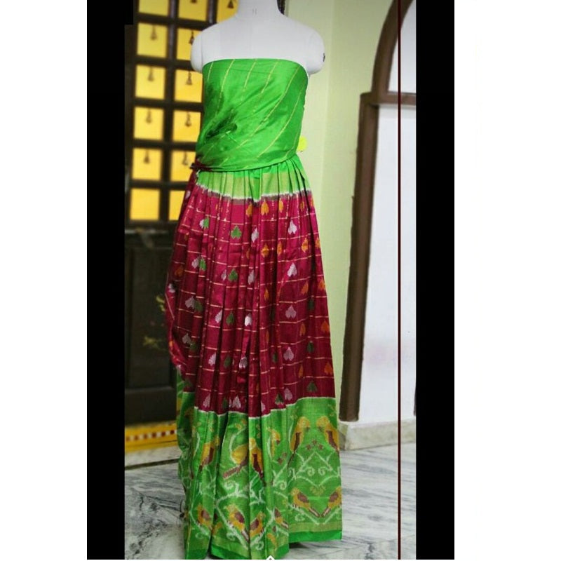 Pochampally Ikkat Maroon Lehenga With Green Border