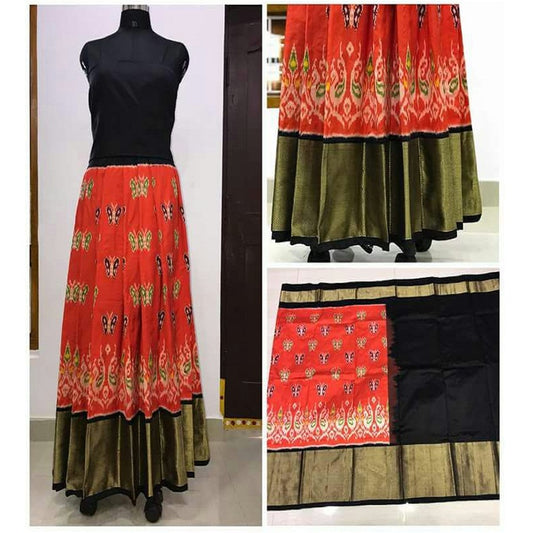 Pochampally Ikkat Orange Lehenga With Black Border