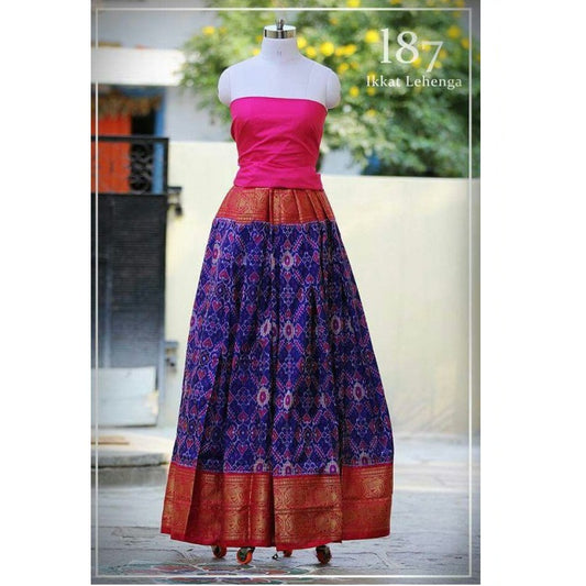 Pochampally Ikkat Dark Blue Lehengapink Border