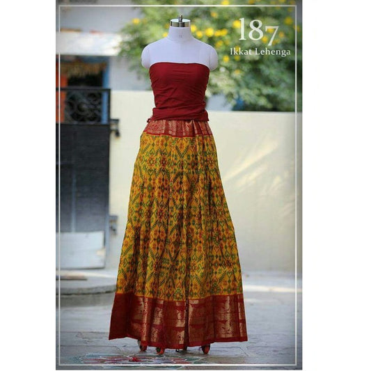 Pochampally Ikkat Yellow Lehenga With Maroon Border